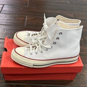 Converse White High-Top Canvas Sneakers with Red and Black Stripe